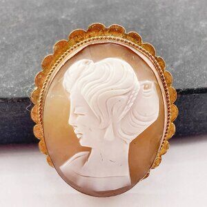 ANTIQUE Woman's head shell cameo brooch w/ pendant bail ~ c. 1900s 1910s pin